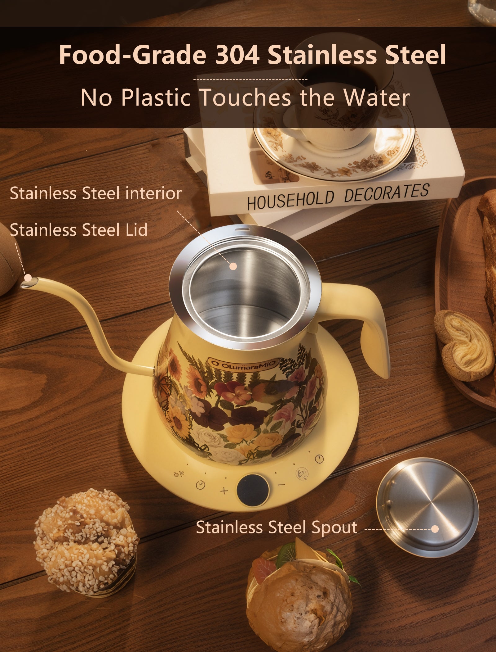 0.8L Gooseneck Electric Kettle with ±1℉ Temperature Control for Pour Over Coffee & Tea, 1200w Quick Heating, BPA-Free, Stainless Steel, Built-in Brew Timer, Floral