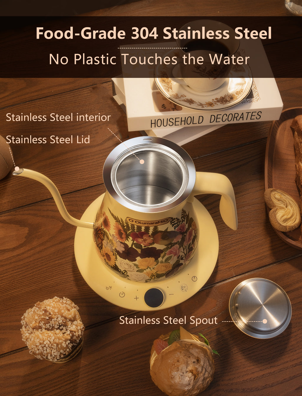 0.8L Gooseneck Electric Kettle with ±1℉ Temperature Control for Pour Over Coffee & Tea, 1200w Quick Heating, BPA-Free, Stainless Steel, Built-in Brew Timer, Floral