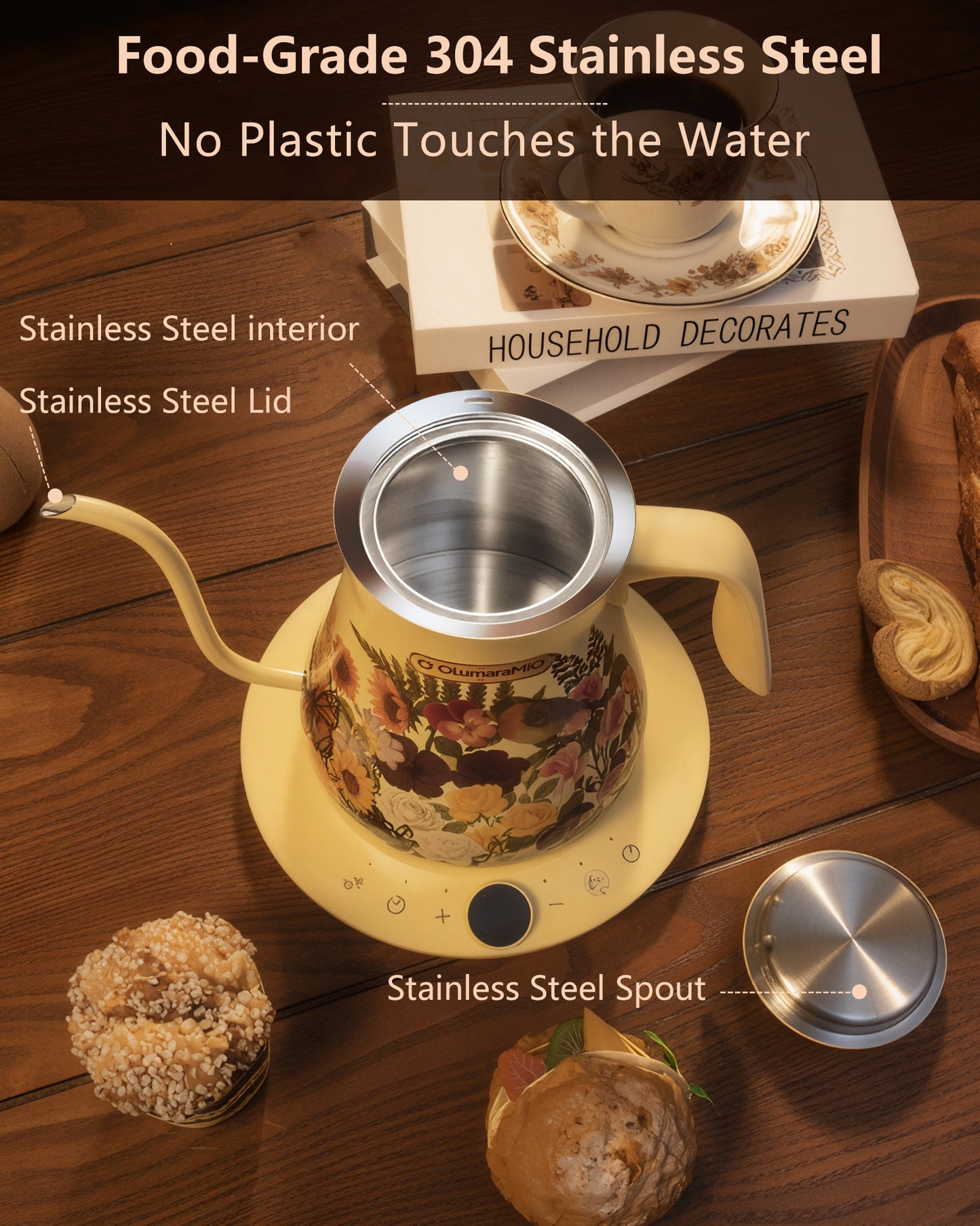 0.8L Gooseneck Electric Kettle with ±1℉ Temperature Control for Pour Over Coffee & Tea, 1200w Quick Heating, BPA-Free, Stainless Steel, Built-in Brew Timer, Floral
