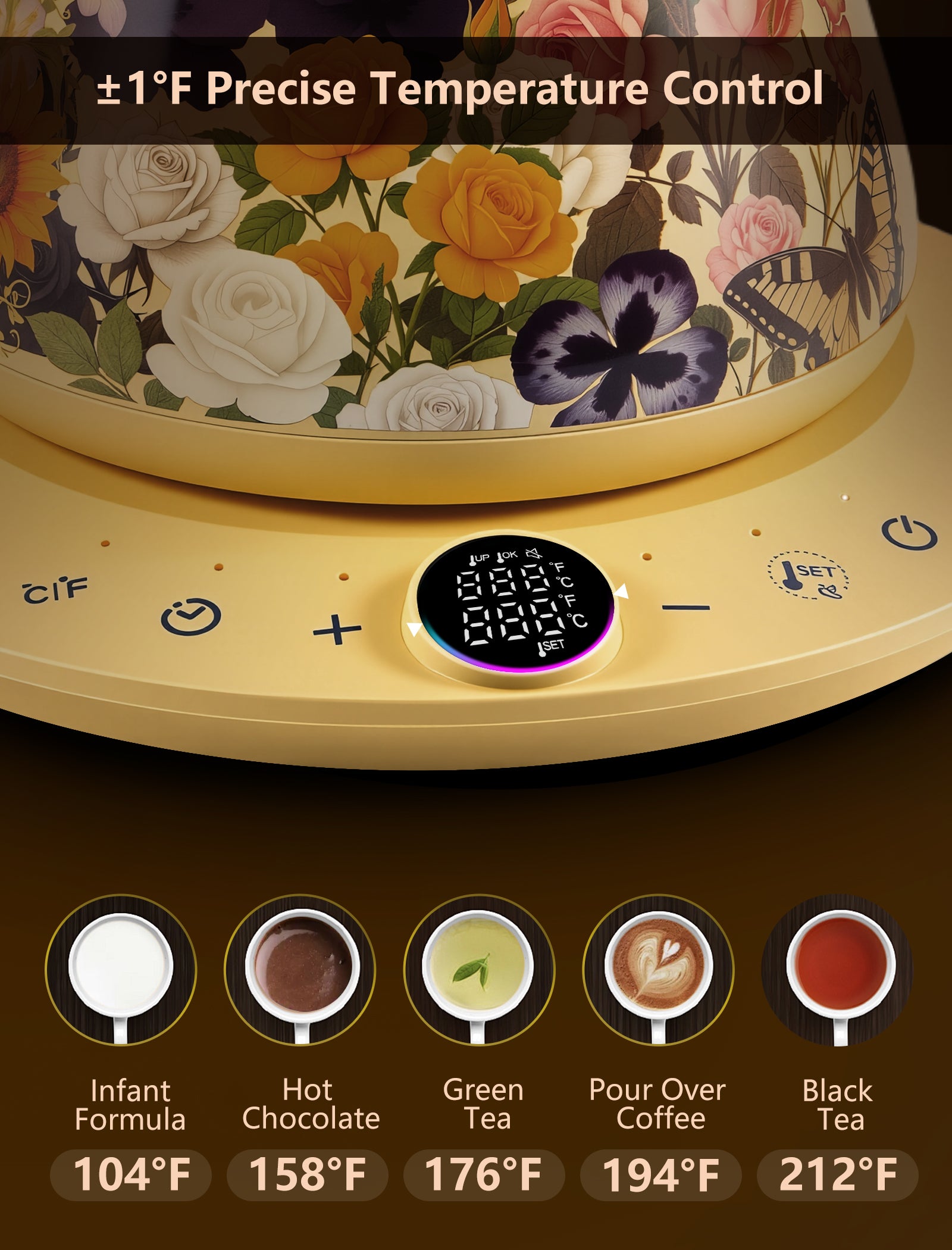 0.8L Gooseneck Electric Kettle with ±1℉ Temperature Control for Pour Over Coffee & Tea, 1200w Quick Heating, BPA-Free, Stainless Steel, Built-in Brew Timer, Floral