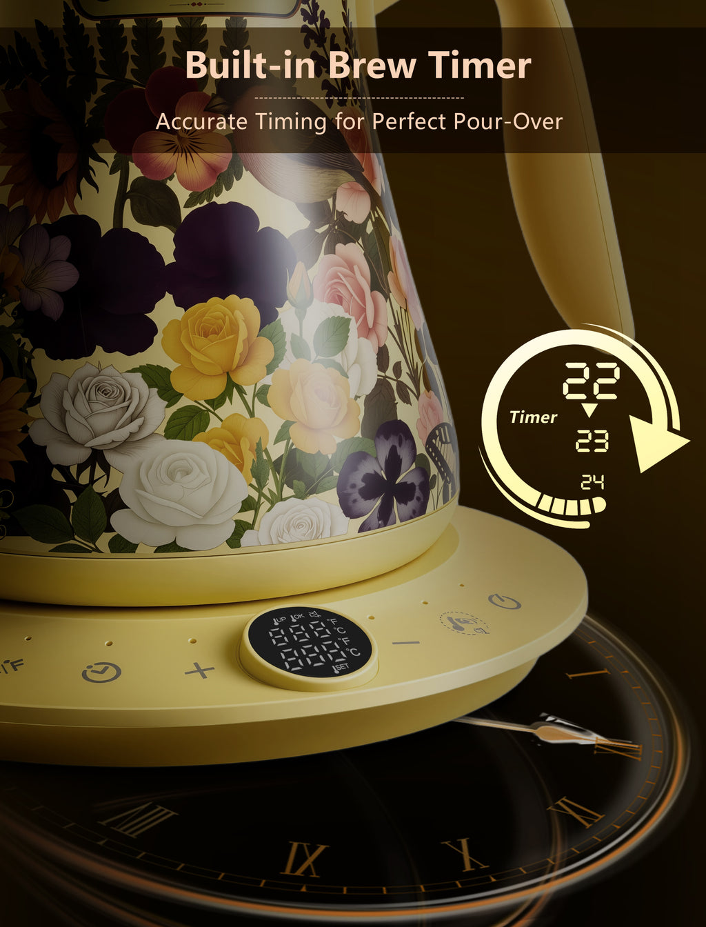 0.8L Gooseneck Electric Kettle with ±1℉ Temperature Control for Pour Over Coffee & Tea, 1200w Quick Heating, BPA-Free, Stainless Steel, Built-in Brew Timer, Floral