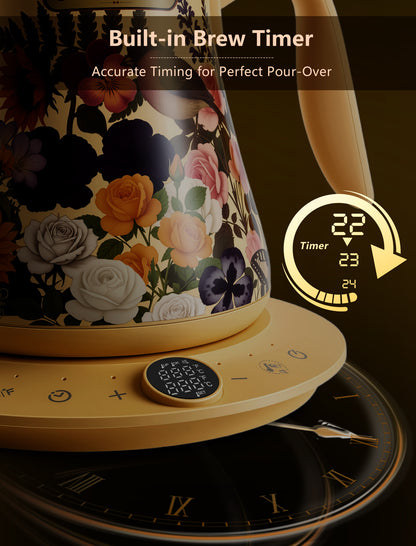 0.8L Gooseneck Electric Kettle with ±1℉ Temperature Control for Pour Over Coffee & Tea, 1200w Quick Heating, BPA-Free, Stainless Steel, Built-in Brew Timer, Floral