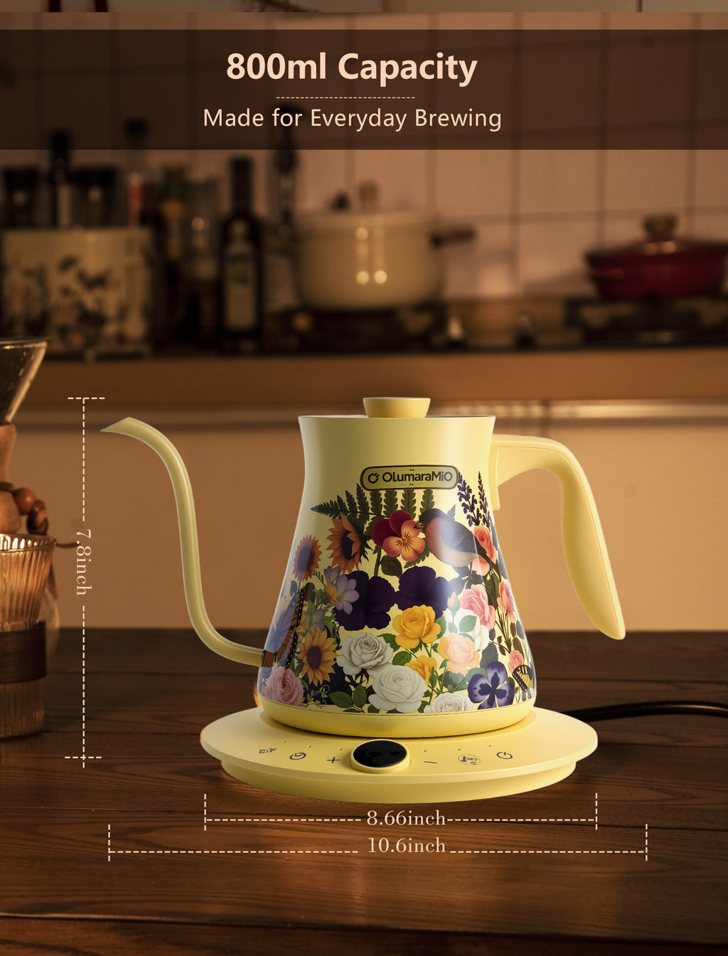 0.8L Gooseneck Electric Kettle with ±1℉ Temperature Control for Pour Over Coffee & Tea, 1200w Quick Heating, BPA-Free, Stainless Steel, Built-in Brew Timer, Floral