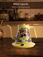 0.8L Gooseneck Electric Kettle with ±1℉ Temperature Control for Pour Over Coffee & Tea, 1200w Quick Heating, BPA-Free, Stainless Steel, Built-in Brew Timer, Floral