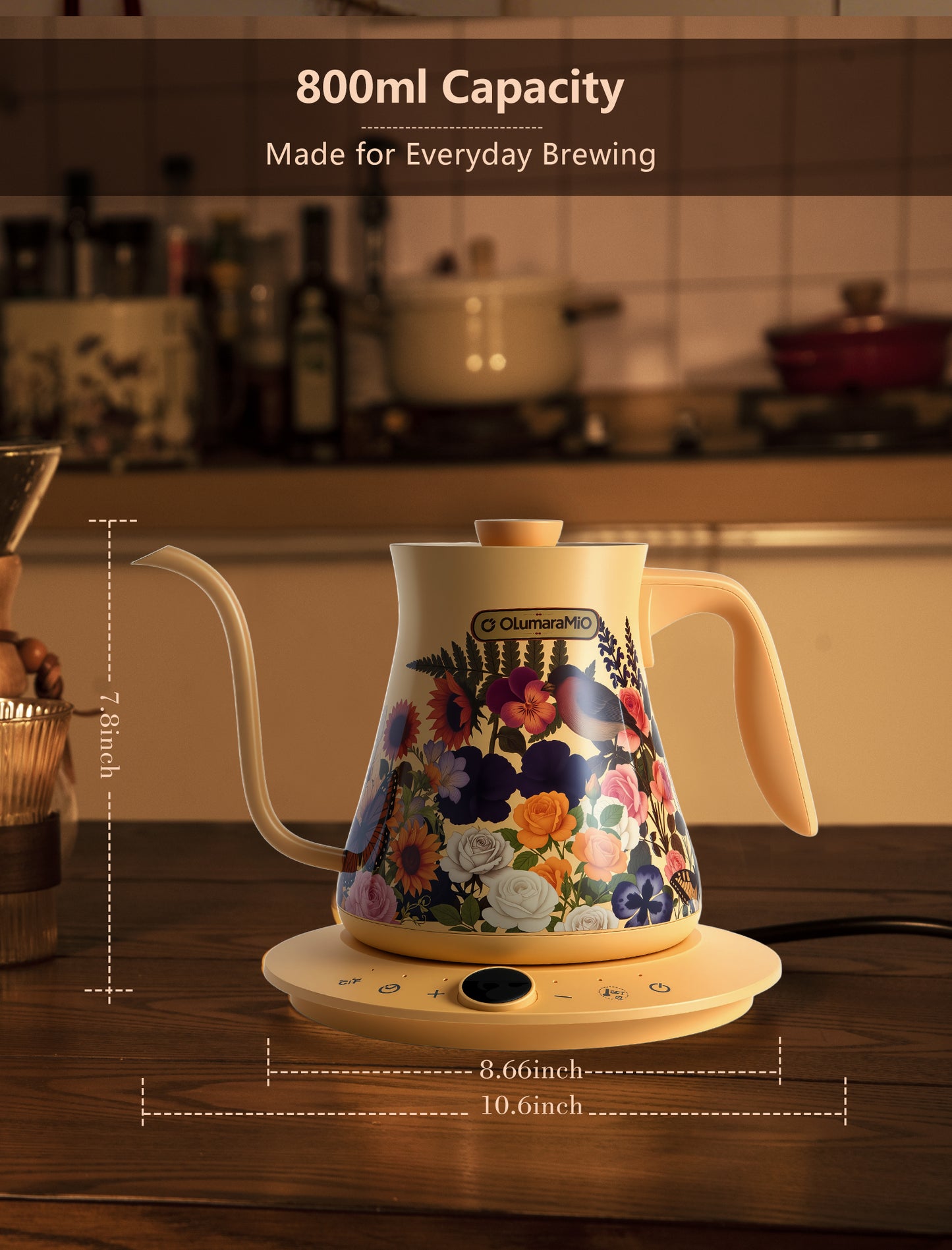0.8L Gooseneck Electric Kettle with ±1℉ Temperature Control for Pour Over Coffee & Tea, 1200w Quick Heating, BPA-Free, Stainless Steel, Built-in Brew Timer, Floral