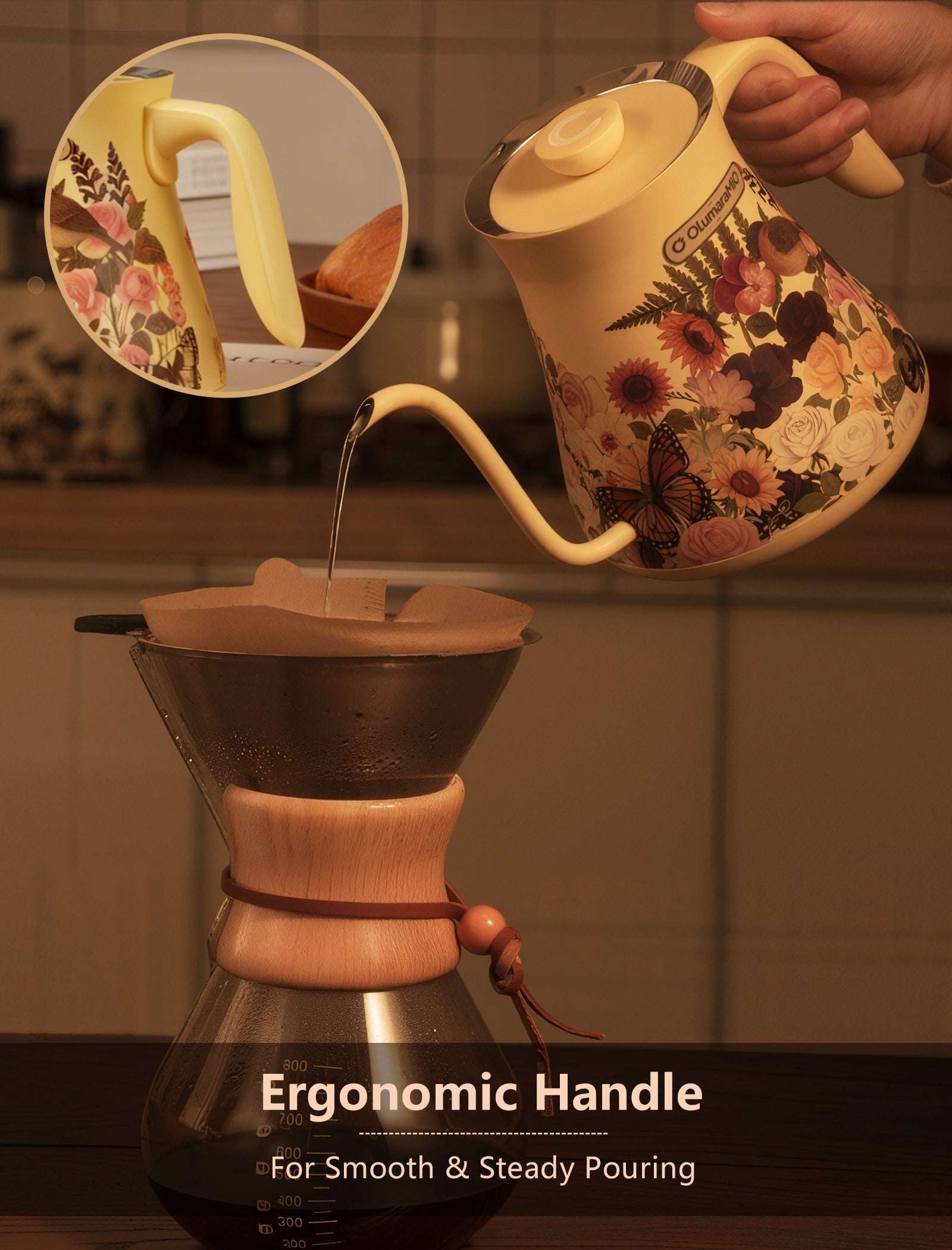 0.8L Gooseneck Electric Kettle with ±1℉ Temperature Control for Pour Over Coffee & Tea, 1200w Quick Heating, BPA-Free, Stainless Steel, Built-in Brew Timer, Floral