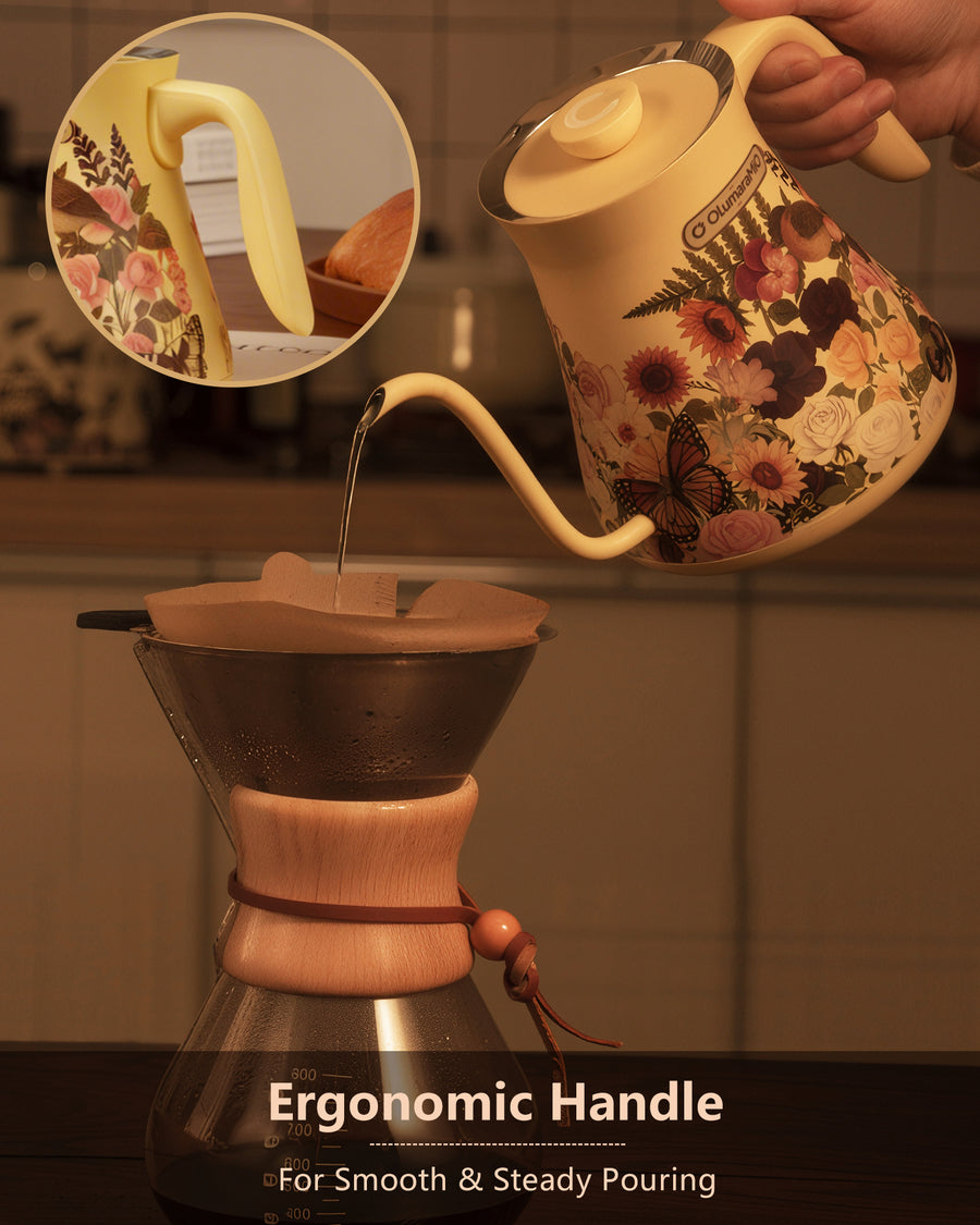Ergonomic handle and precise pouring with floral gooseneck electric kettle