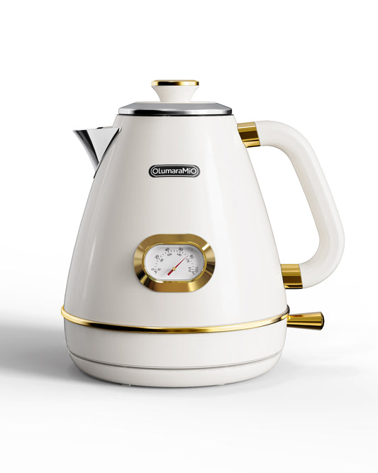 Retro Electric Kettle with Thermometer, 1.7L Stainless Steel Hot Water Tea Kettle, 1500W Fast Boiling, Auto Shut-Off & Boil Dry Protection, BPA Free, Pearl White & Gold