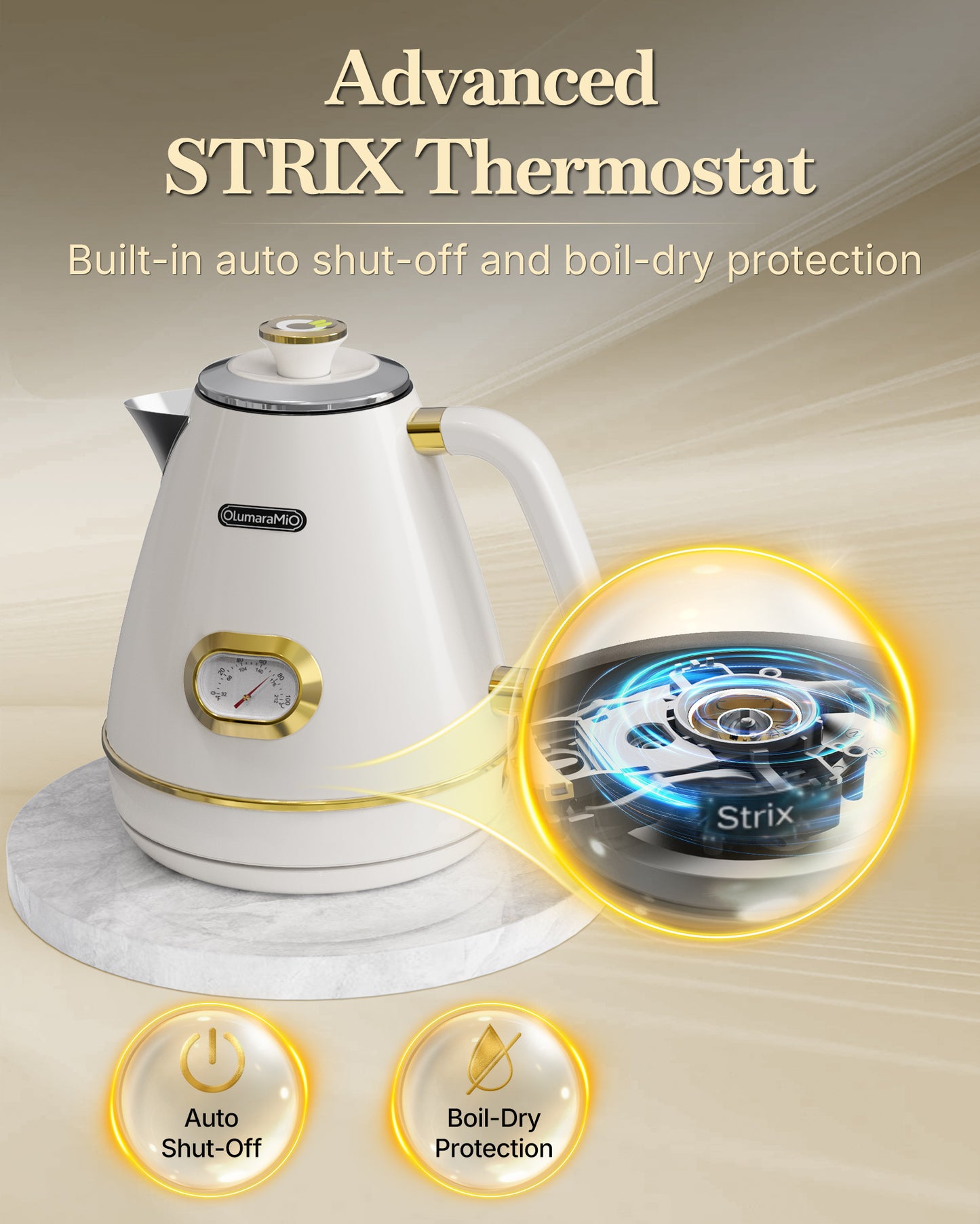 Retro Electric Kettle with Thermometer, 1.7L Stainless Steel Hot Water Tea Kettle, 1500W Fast Boiling, Auto Shut-Off & Boil Dry Protection, BPA Free, Pearl White & Gold