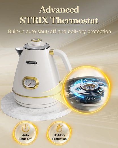 Retro Electric Kettle with Thermometer, 1.7L Stainless Steel Hot Water Tea Kettle, 1500W Fast Boiling, Auto Shut-Off & Boil Dry Protection, BPA Free, Pearl White & Gold