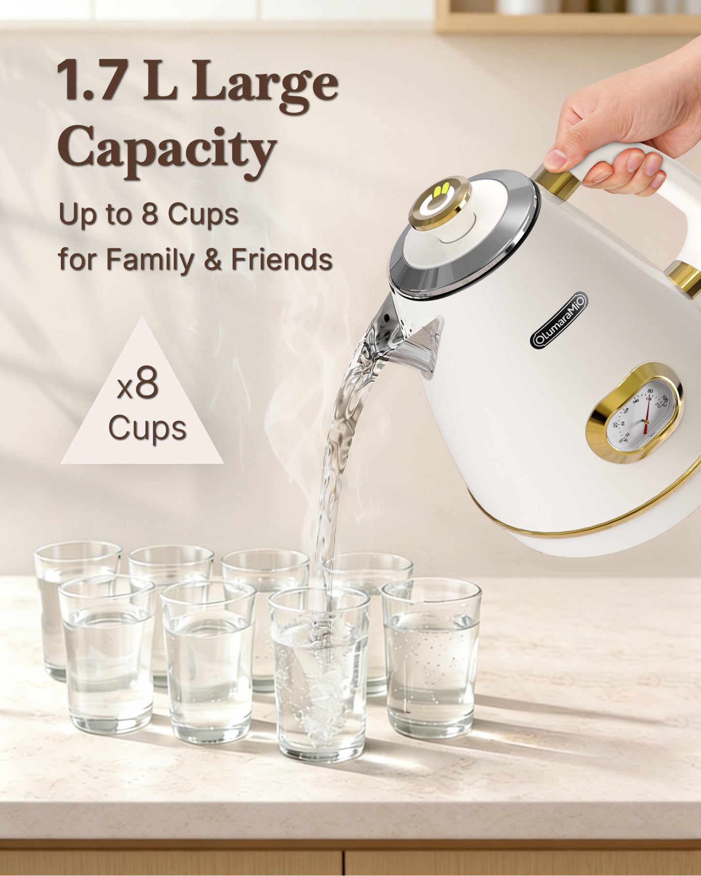 Retro Electric Kettle with Thermometer, 1.7L Stainless Steel Hot Water Tea Kettle, 1500W Fast Boiling, Auto Shut-Off & Boil Dry Protection, BPA Free, Pearl White & Gold
