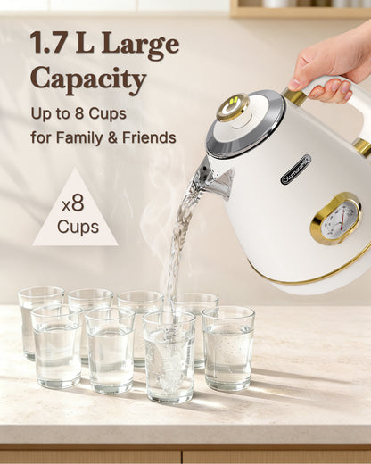 Retro Electric Kettle with Thermometer, 1.7L Stainless Steel Hot Water Tea Kettle, 1500W Fast Boiling, Auto Shut-Off & Boil Dry Protection, BPA Free, Pearl White & Gold