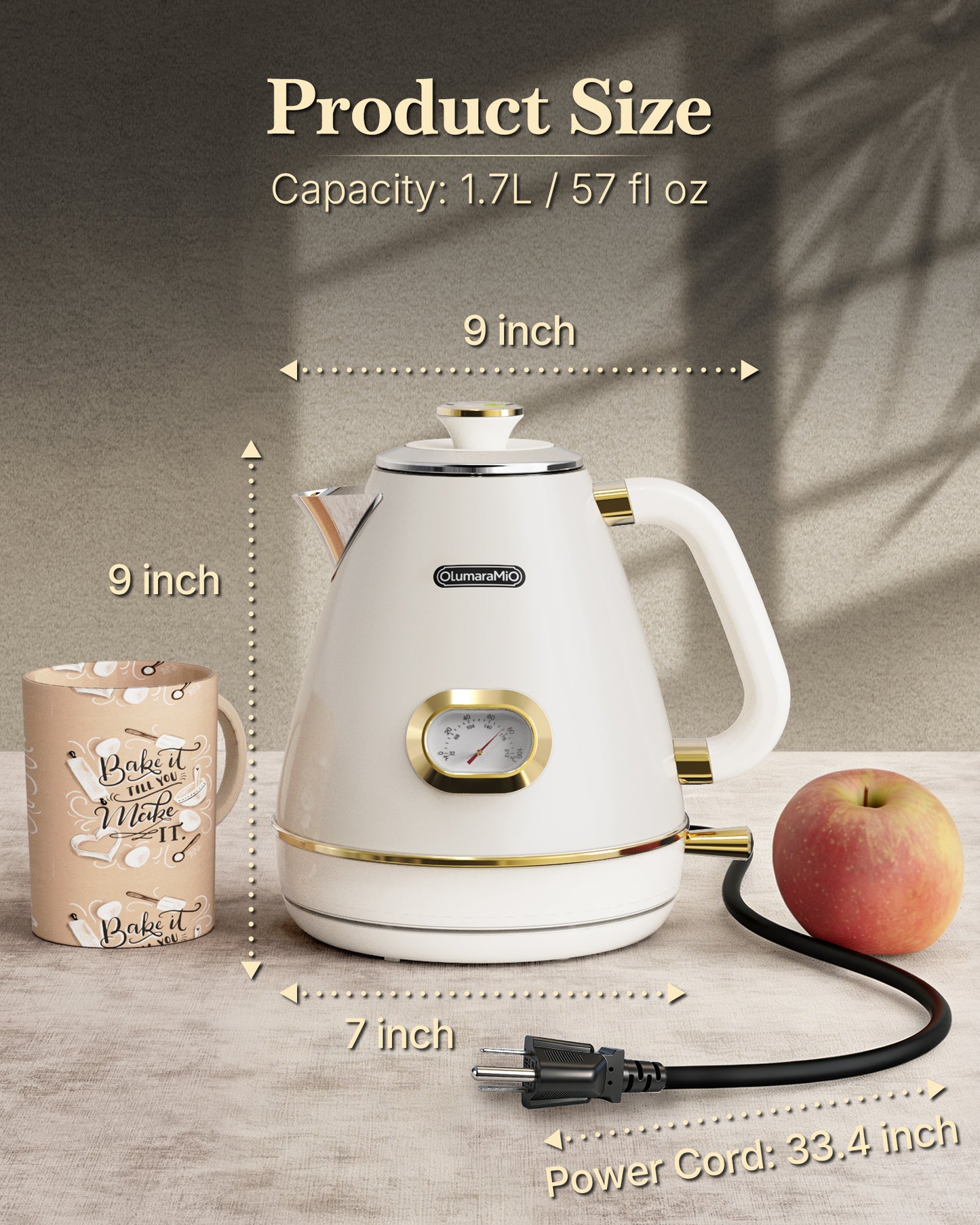 Retro Electric Kettle with Thermometer, 1.7L Stainless Steel Hot Water Tea Kettle, 1500W Fast Boiling, Auto Shut-Off & Boil Dry Protection, BPA Free, Pearl White & Gold