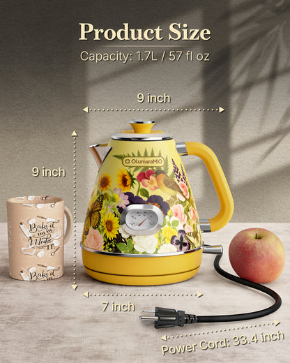 Retro Electric Kettle with Thermometer, 1.7L Stainless Steel Hot Water Tea Kettle, 1500W Fast Boiling, Auto Shut-Off & Boil Dry Protection, BPA Free, Vintage Floral Design