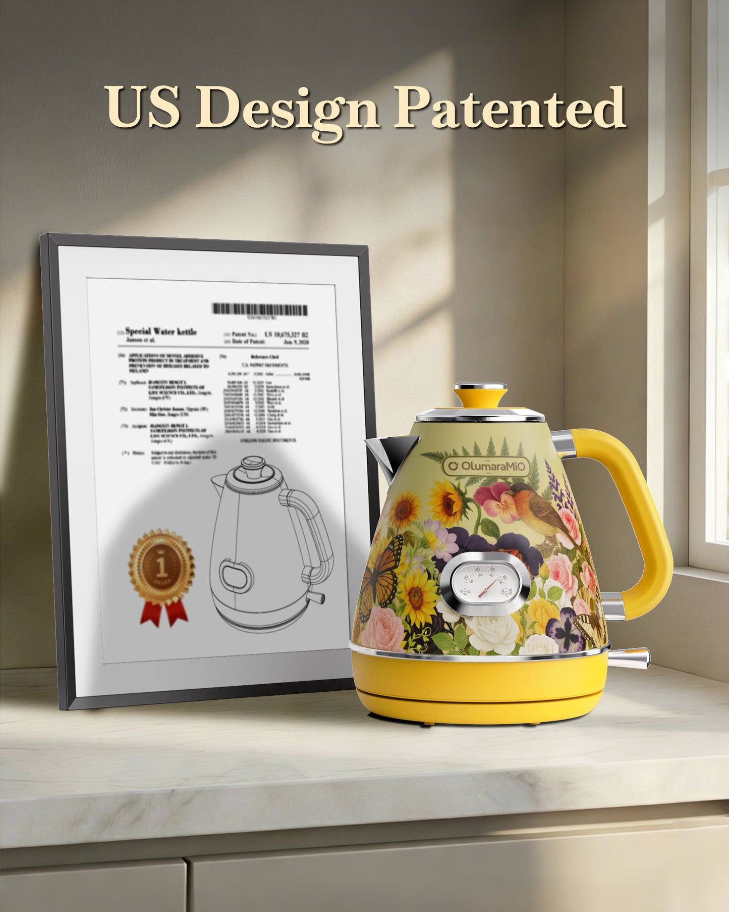 Retro Electric Kettle with Thermometer, 1.7L Stainless Steel Hot Water Tea Kettle, 1500W Fast Boiling, Auto Shut-Off & Boil Dry Protection, BPA Free, Vintage Floral Design