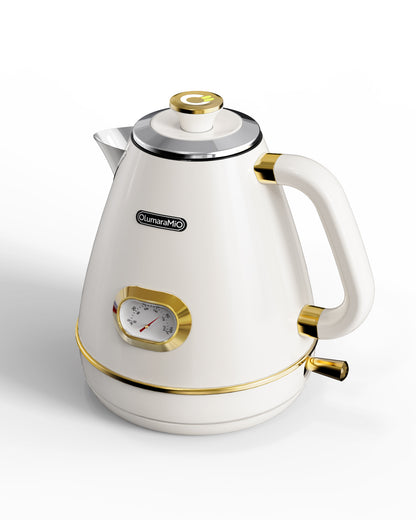 Retro Electric Kettle with Thermometer, 1.7L Stainless Steel Hot Water Tea Kettle, 1500W Fast Boiling, Auto Shut-Off & Boil Dry Protection, BPA Free, Pearl White & Gold