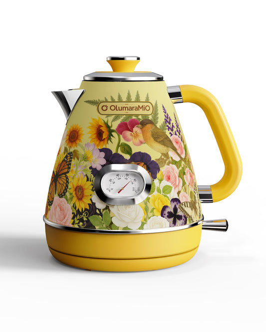 Retro Electric Kettle with Thermometer, 1.7L Stainless Steel Hot Water Tea Kettle, 1500W Fast Boiling, Auto Shut-Off & Boil Dry Protection, BPA Free, Vintage Floral Design