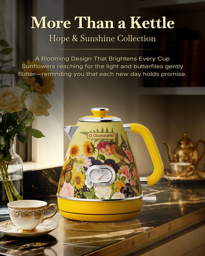 Retro Electric Kettle with Thermometer, 1.7L Stainless Steel Hot Water Tea Kettle, 1500W Fast Boiling, Auto Shut-Off & Boil Dry Protection, BPA Free, Vintage Floral Design