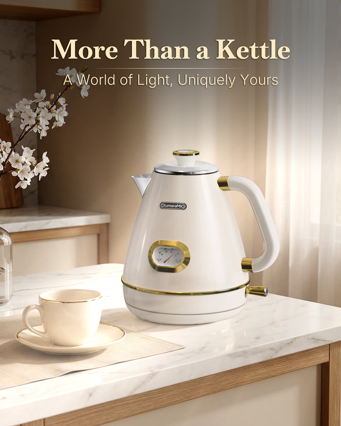 Retro Electric Kettle with Thermometer, 1.7L Stainless Steel Hot Water Tea Kettle, 1500W Fast Boiling, Auto Shut-Off & Boil Dry Protection, BPA Free, Pearl White & Gold