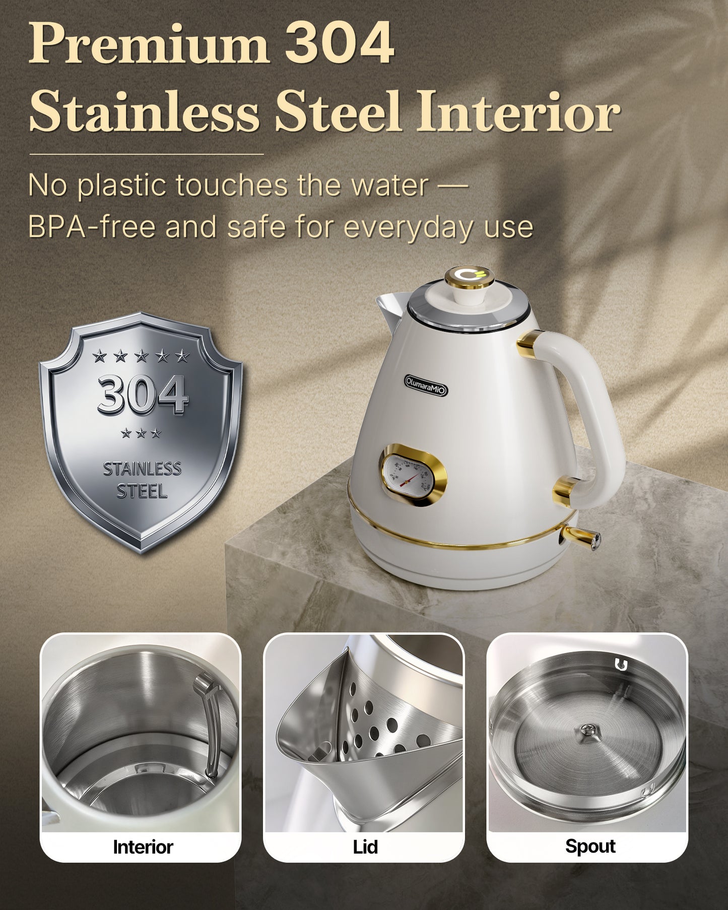 Retro Electric Kettle with Thermometer, 1.7L Stainless Steel Hot Water Tea Kettle, 1500W Fast Boiling, Auto Shut-Off & Boil Dry Protection, BPA Free, Pearl White & Gold