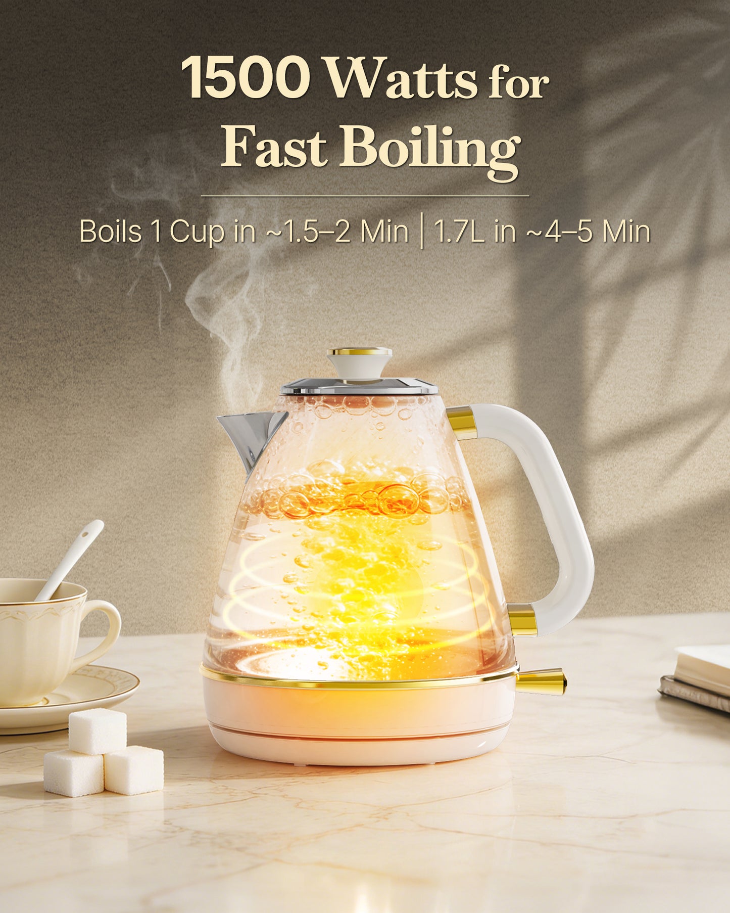 Retro Electric Kettle with Thermometer, 1.7L Stainless Steel Hot Water Tea Kettle, 1500W Fast Boiling, Auto Shut-Off & Boil Dry Protection, BPA Free, Pearl White & Gold