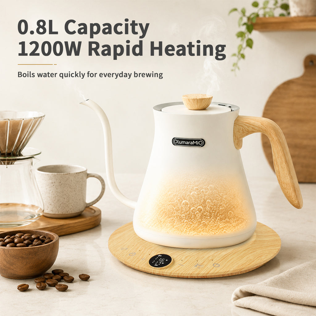 Olumaramio 0.8L Gooseneck Electric Kettle, ±1°F Temperature Control, White, 1200W Fast Boiling, 1-Hour Keep Warm, 5-Min Brew Timer, 304 Stainless Steel Interior, Wood-Look Handle, for Pour Over Coffee