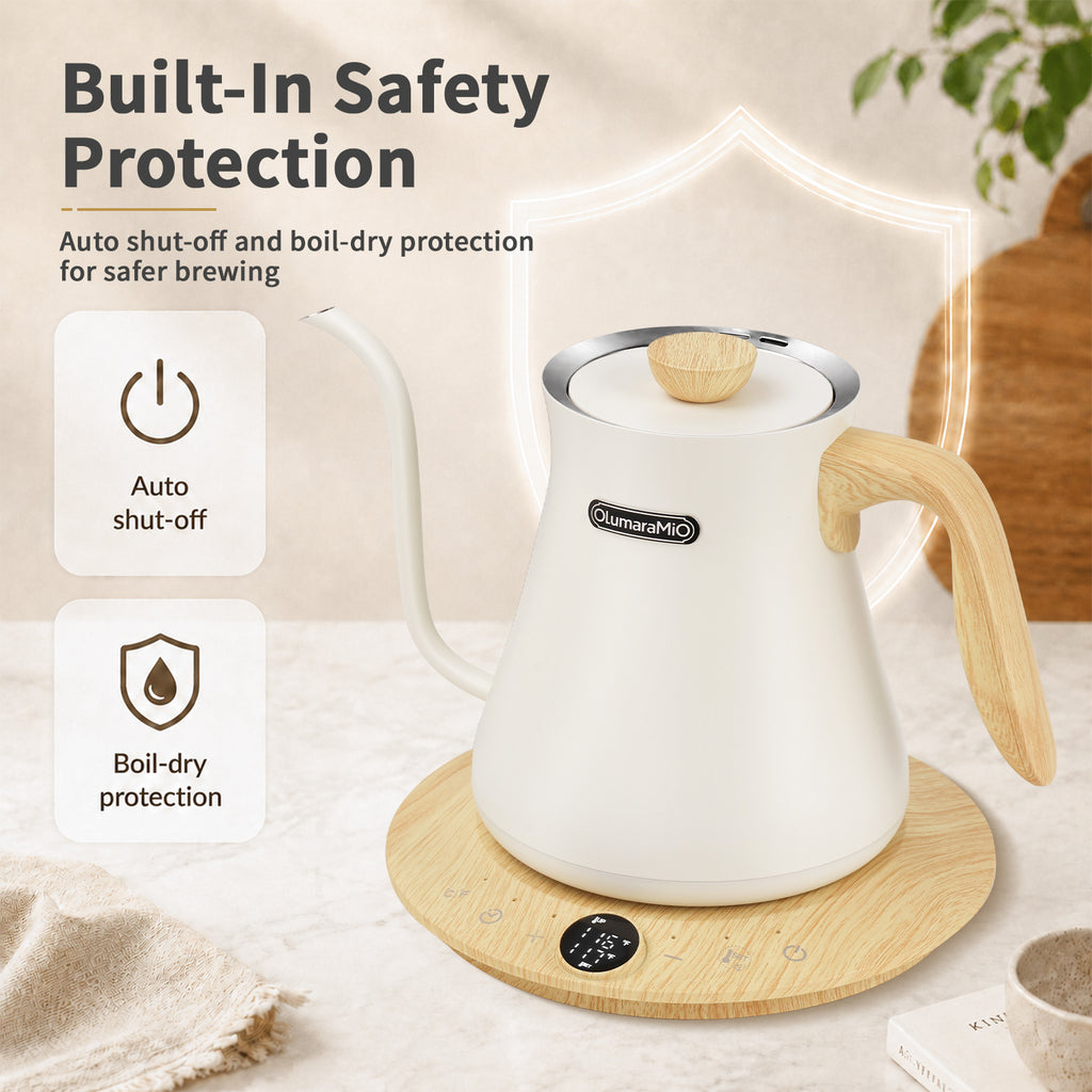 Olumaramio 0.8L Gooseneck Electric Kettle, ±1°F Temperature Control, White, 1200W Fast Boiling, 1-Hour Keep Warm, 5-Min Brew Timer, 304 Stainless Steel Interior, Wood-Look Handle, for Pour Over Coffee