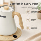 Olumaramio 0.8L Gooseneck Electric Kettle, ±1°F Temperature Control, White, 1200W Fast Boiling, 1-Hour Keep Warm, 5-Min Brew Timer, 304 Stainless Steel Interior, Wood-Look Handle, for Pour Over Coffee