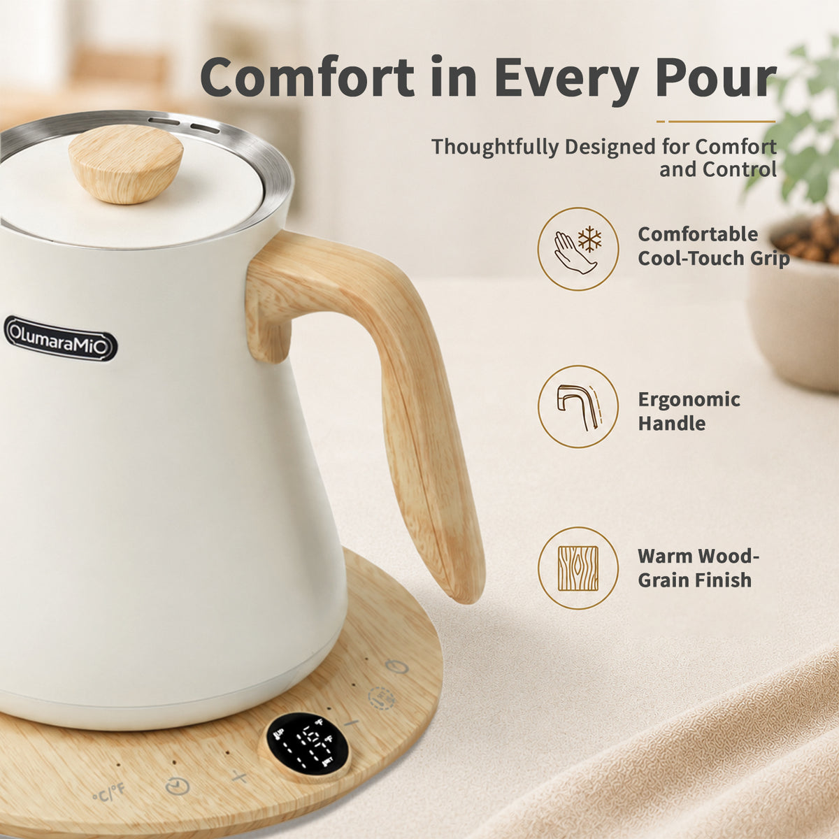 Olumaramio 0.8L Gooseneck Electric Kettle, ±1°F Temperature Control, White, 1200W Fast Boiling, 1-Hour Keep Warm, 5-Min Brew Timer, 304 Stainless Steel Interior, Wood-Look Handle, for Pour Over Coffee