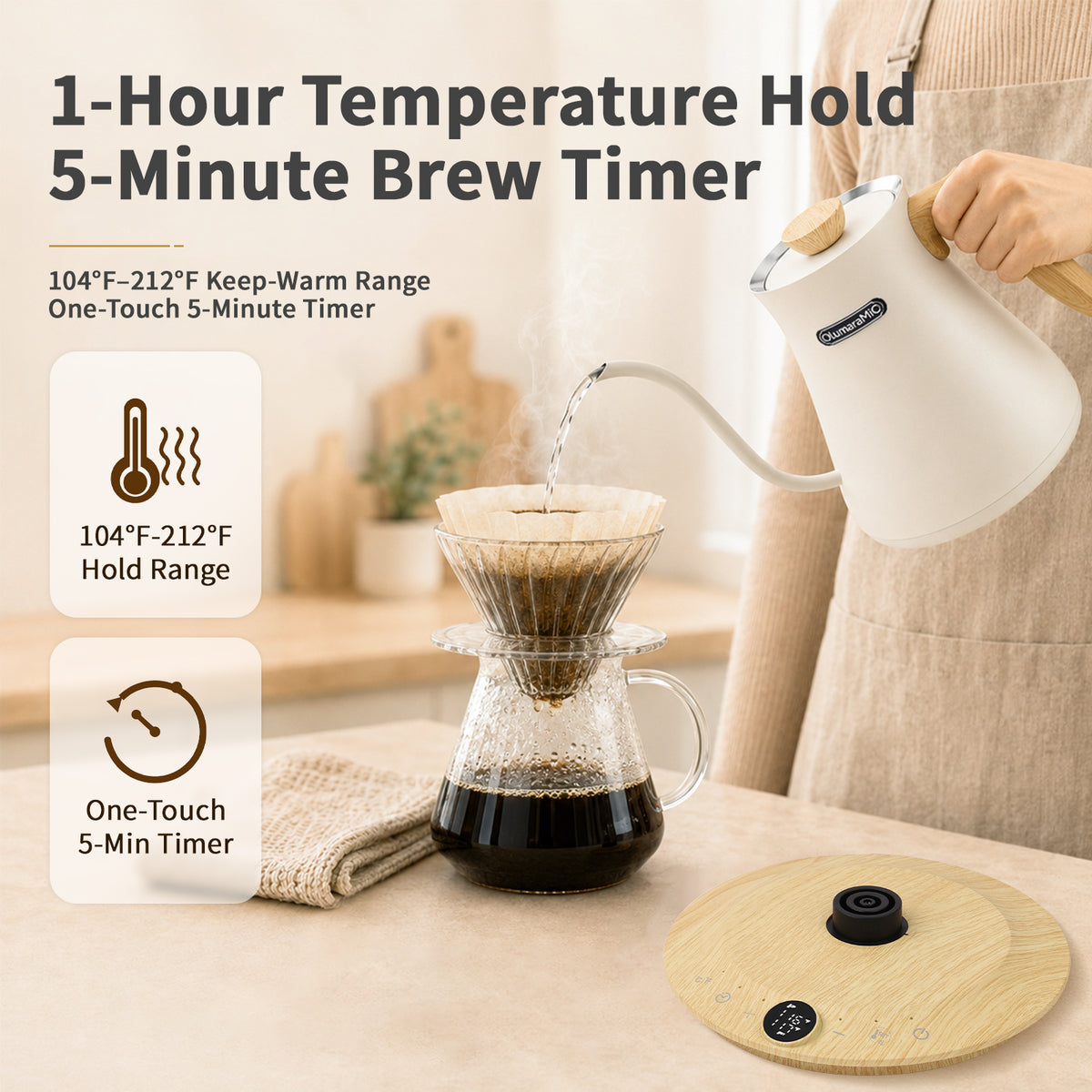 Olumaramio 0.8L Gooseneck Electric Kettle, ±1°F Temperature Control, White, 1200W Fast Boiling, 1-Hour Keep Warm, 5-Min Brew Timer, 304 Stainless Steel Interior, Wood-Look Handle, for Pour Over Coffee