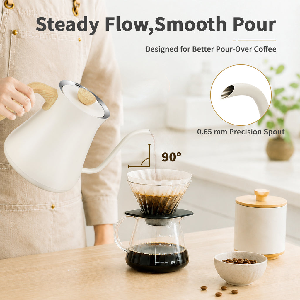 Olumaramio 0.8L Gooseneck Electric Kettle, ±1°F Temperature Control, White, 1200W Fast Boiling, 1-Hour Keep Warm, 5-Min Brew Timer, 304 Stainless Steel Interior, Wood-Look Handle, for Pour Over Coffee