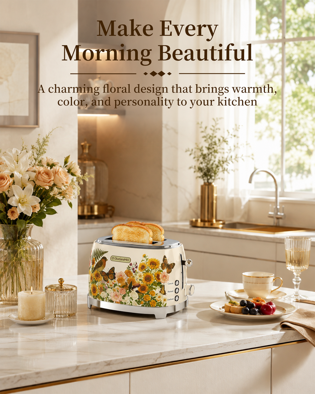 OlumaraMio Floral,2-Slice Retro Toaster, 6 Browning Levels, Removable Crumb Tray,3 Functions