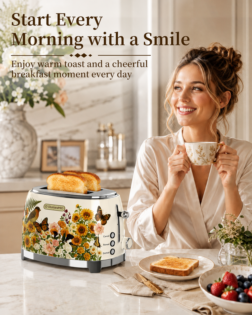 OlumaraMio Floral,2-Slice Retro Toaster, 6 Browning Levels, Removable Crumb Tray,3 Functions