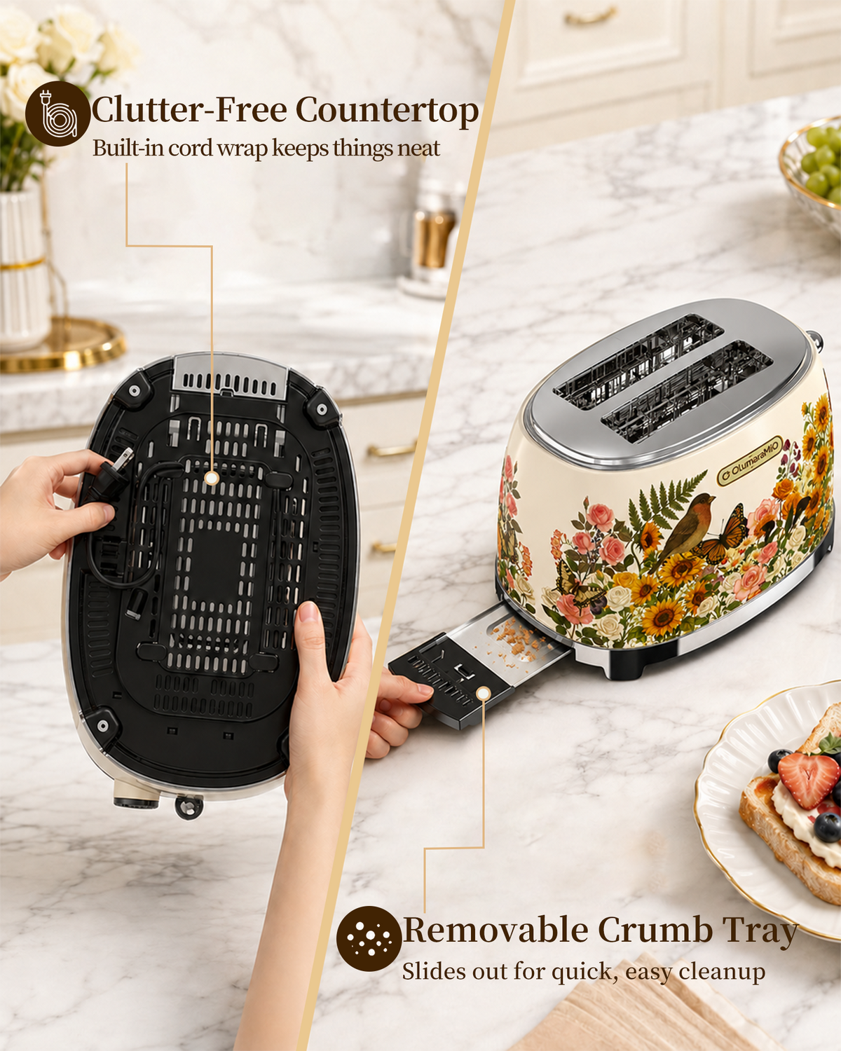 OlumaraMio Floral,2-Slice Retro Toaster, 6 Browning Levels, Removable Crumb Tray,3 Functions