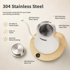 Olumaramio 0.8L Gooseneck Electric Kettle, ±1°F Temperature Control, White, 1200W Fast Boiling, 1-Hour Keep Warm, 5-Min Brew Timer, 304 Stainless Steel Interior, Wood-Look Handle, for Pour Over Coffee