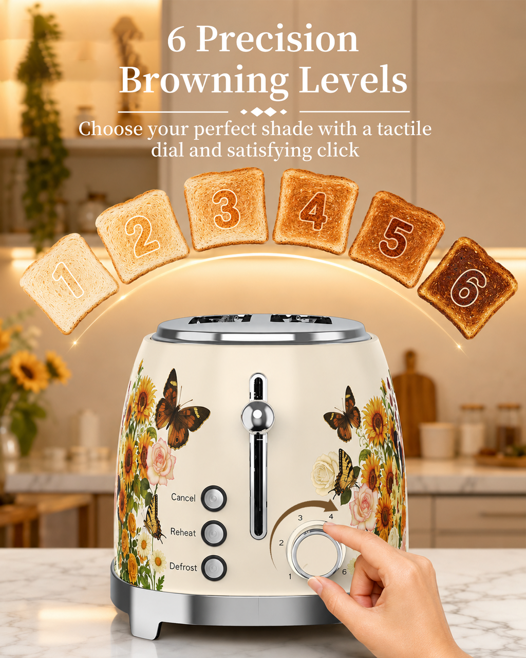 OlumaraMio Floral,2-Slice Retro Toaster, 6 Browning Levels, Removable Crumb Tray,3 Functions