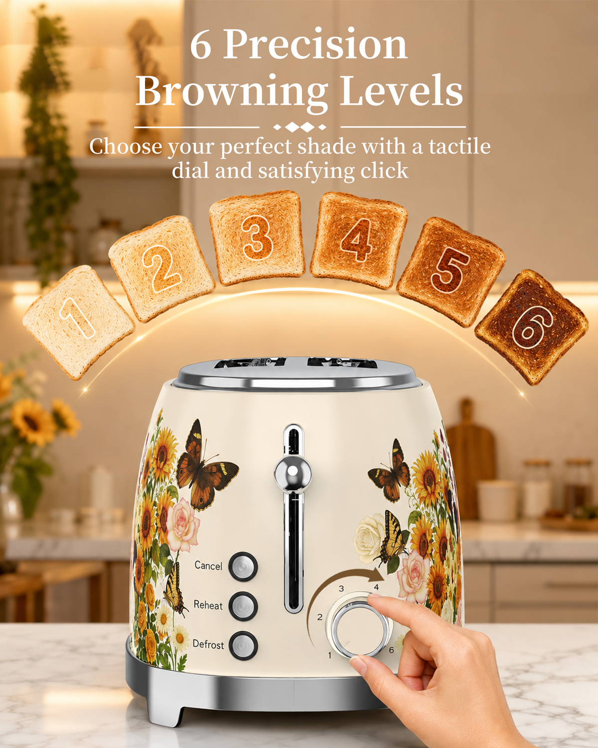 OlumaraMio Floral,2-Slice Retro Toaster, 6 Browning Levels, Removable Crumb Tray,3 Functions