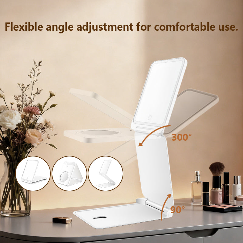Lighted Makeup Mirror, Foldable LED Vanity Mirror with 3X Magnification, 3 Color Lighting & Dimmable Brightness, USB Rechargeable Portable Mirror for Desk & Travel