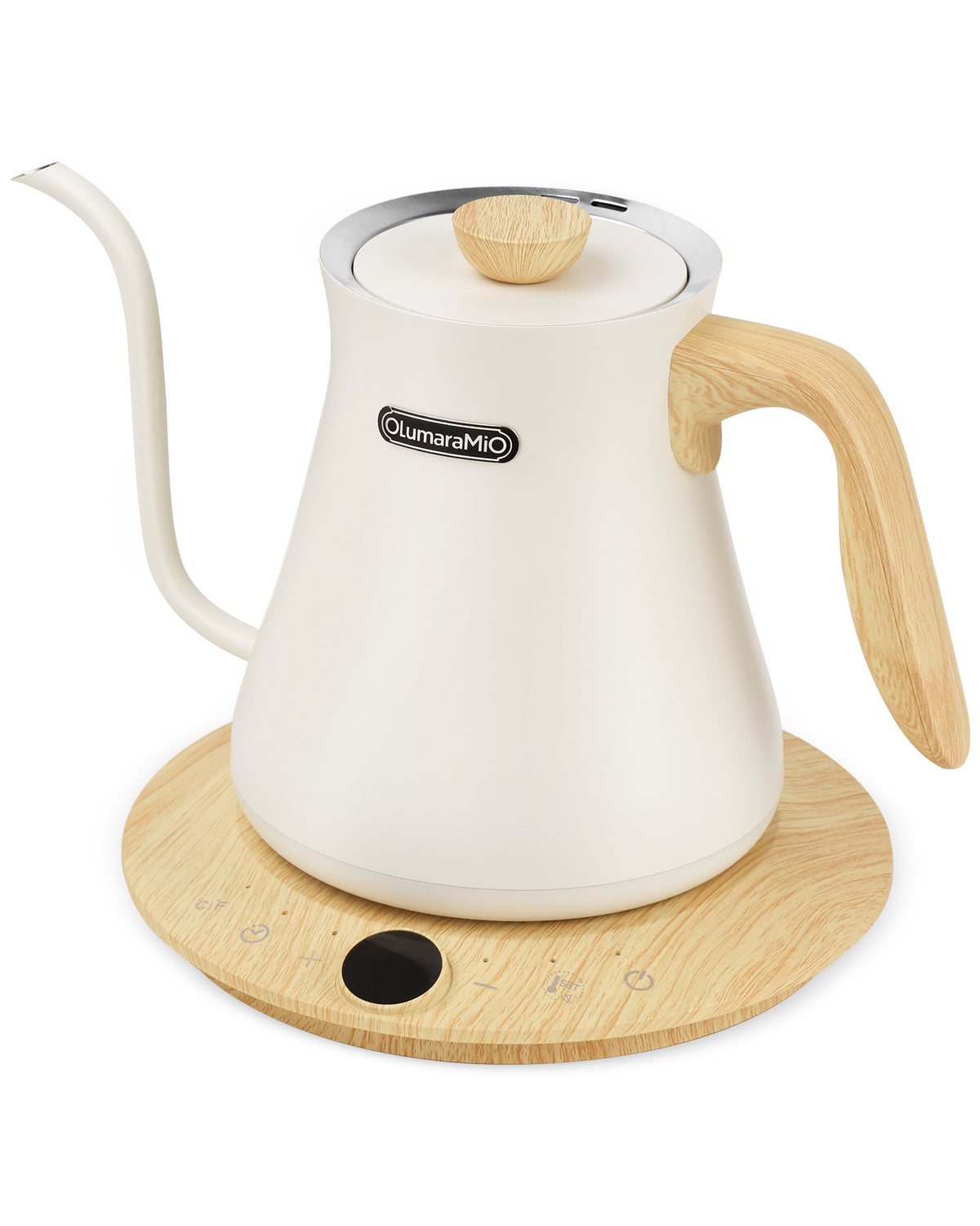 Olumaramio 0.8L Gooseneck Electric Kettle, ±1°F Temperature Control, White, 1200W Fast Boiling, 1-Hour Keep Warm, 5-Min Brew Timer, 304 Stainless Steel Interior, Wood-Look Handle, for Pour Over Coffee