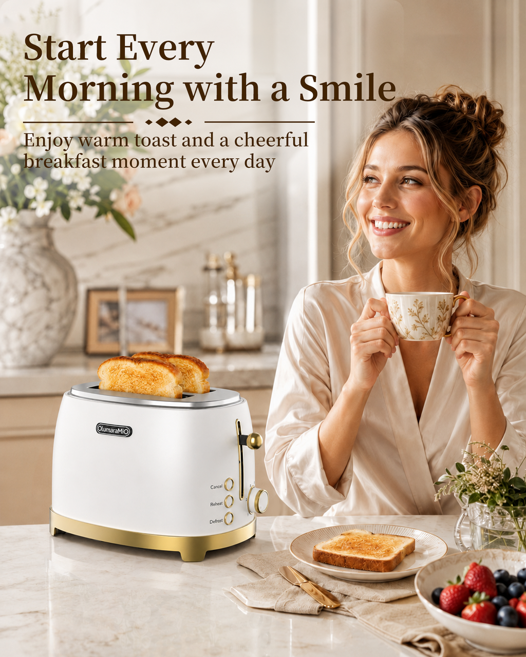 OlumaraMio 2-Slice Retro Toaster, 6 Browning Levels, Removable Crumb Tray,3 Functions