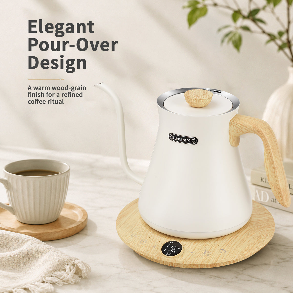 Olumaramio 0.8L Gooseneck Electric Kettle, ±1°F Temperature Control, White, 1200W Fast Boiling, 1-Hour Keep Warm, 5-Min Brew Timer, 304 Stainless Steel Interior, Wood-Look Handle, for Pour Over Coffee