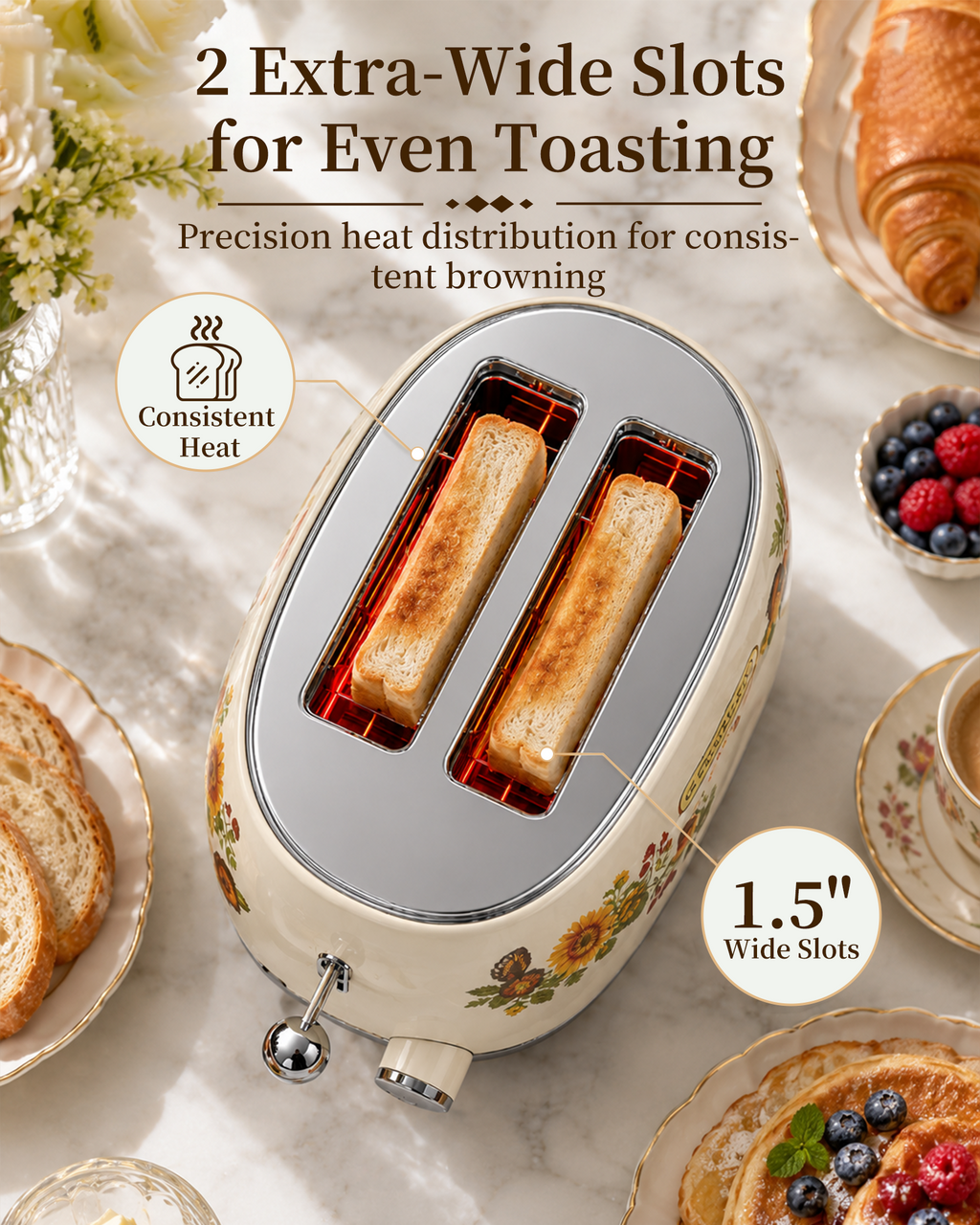 OlumaraMio Floral,2-Slice Retro Toaster, 6 Browning Levels, Removable Crumb Tray,3 Functions