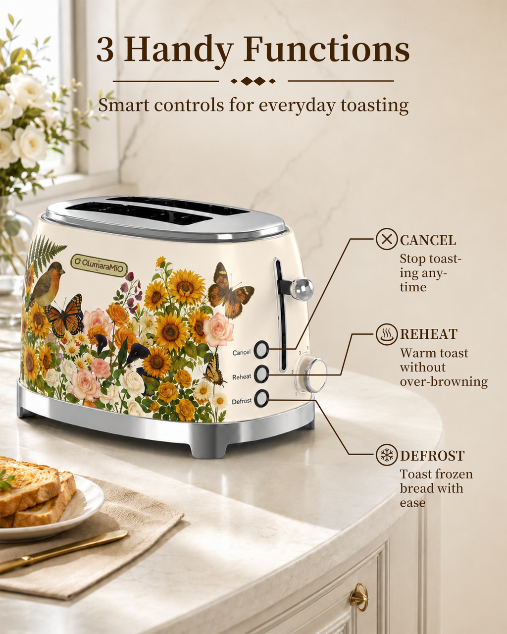 OlumaraMio Floral,2-Slice Retro Toaster, 6 Browning Levels, Removable Crumb Tray,3 Functions