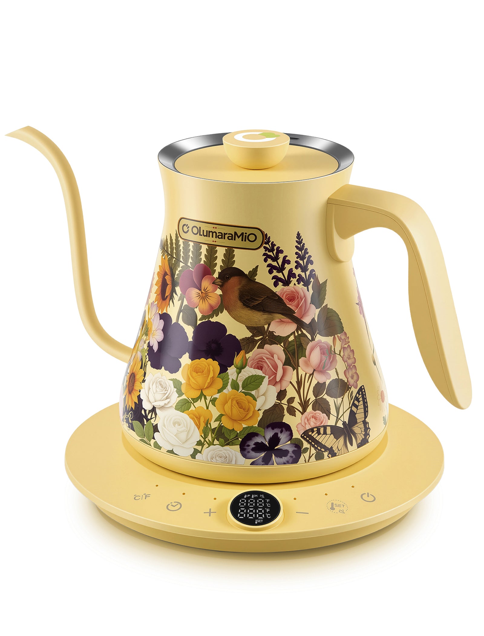 0.8L Gooseneck Electric Kettle with ±1℉ Temperature Control for Pour Over Coffee & Tea, 1200w Quick Heating, BPA-Free, Stainless Steel, Built-in Brew Timer, Floral