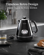 Olumaramio Retro Electric Kettle with Thermometer, 1.7L Stainless Steel Hot Water Tea Kettle, 1500W Fast Boiling, Auto Shut-Off & Boil Dry Protection, BPA Free, Black
