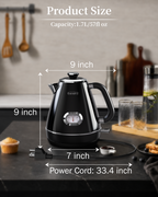 Olumaramio Retro Electric Kettle with Thermometer, 1.7L Stainless Steel Hot Water Tea Kettle, 1500W Fast Boiling, Auto Shut-Off & Boil Dry Protection, BPA Free, Black