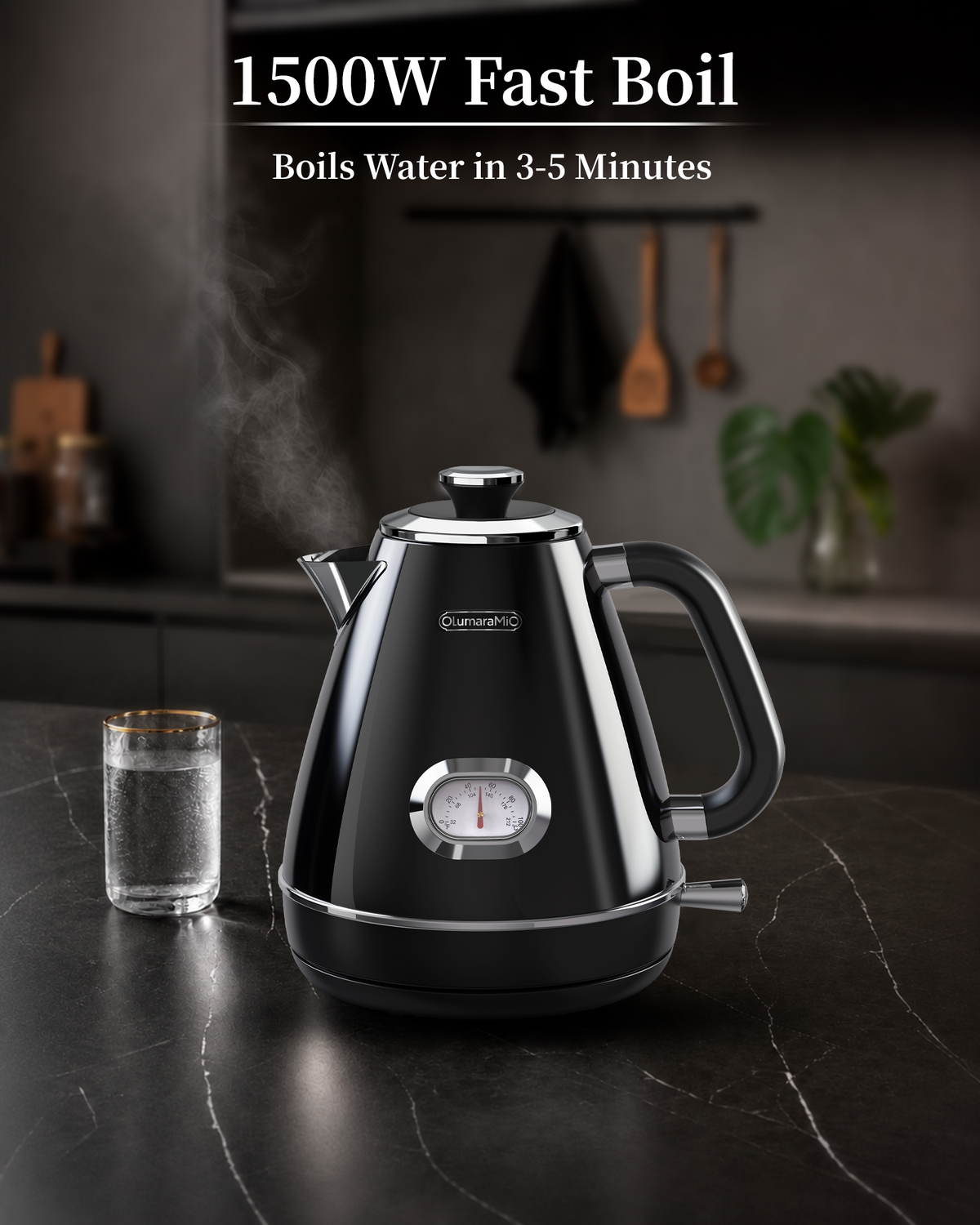 Olumaramio Retro Electric Kettle with Thermometer, 1.7L Stainless Steel Hot Water Tea Kettle, 1500W Fast Boiling, Auto Shut-Off & Boil Dry Protection, BPA Free, Black