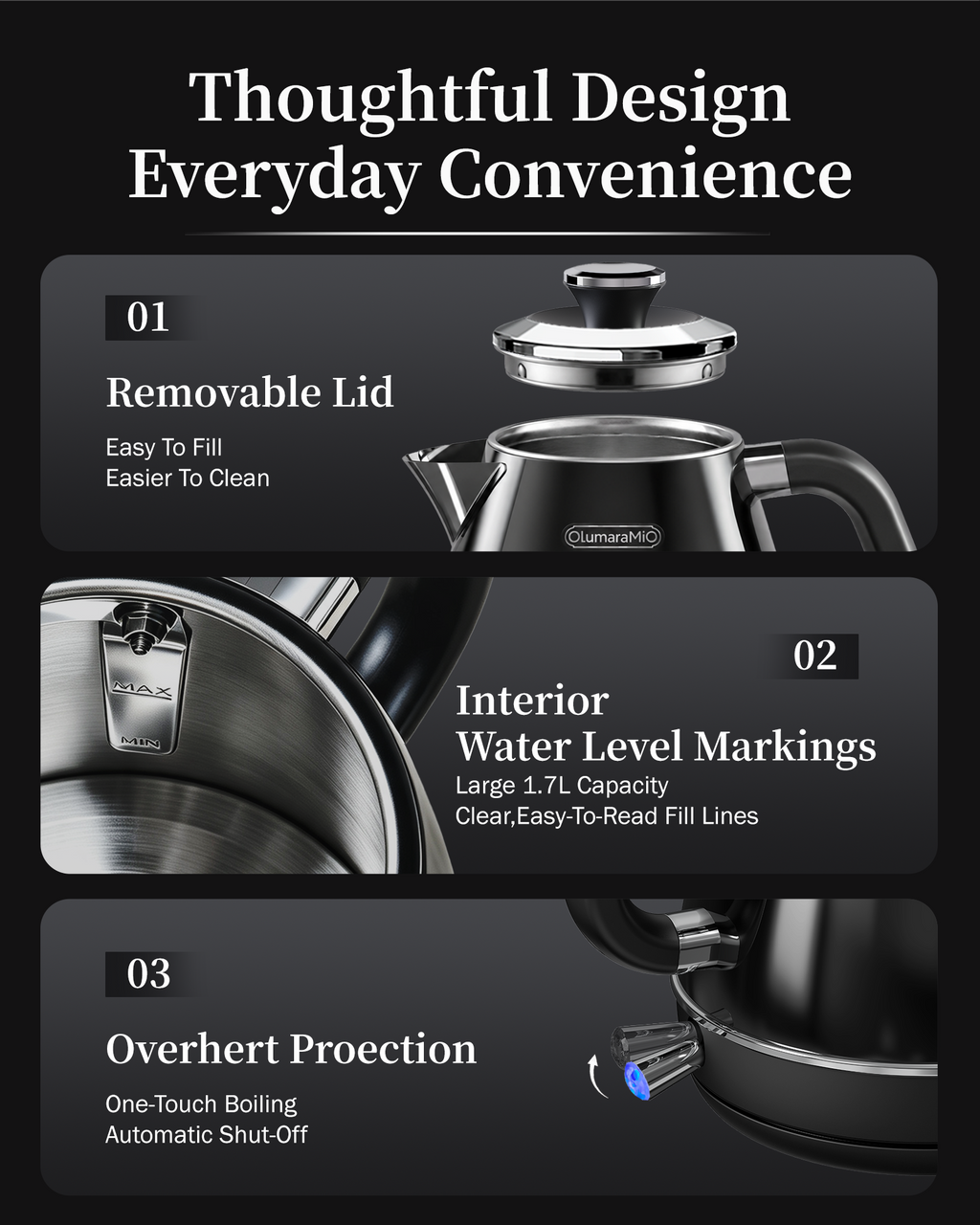 Olumaramio Retro Electric Kettle with Thermometer, 1.7L Stainless Steel Hot Water Tea Kettle, 1500W Fast Boiling, Auto Shut-Off & Boil Dry Protection, BPA Free, Black