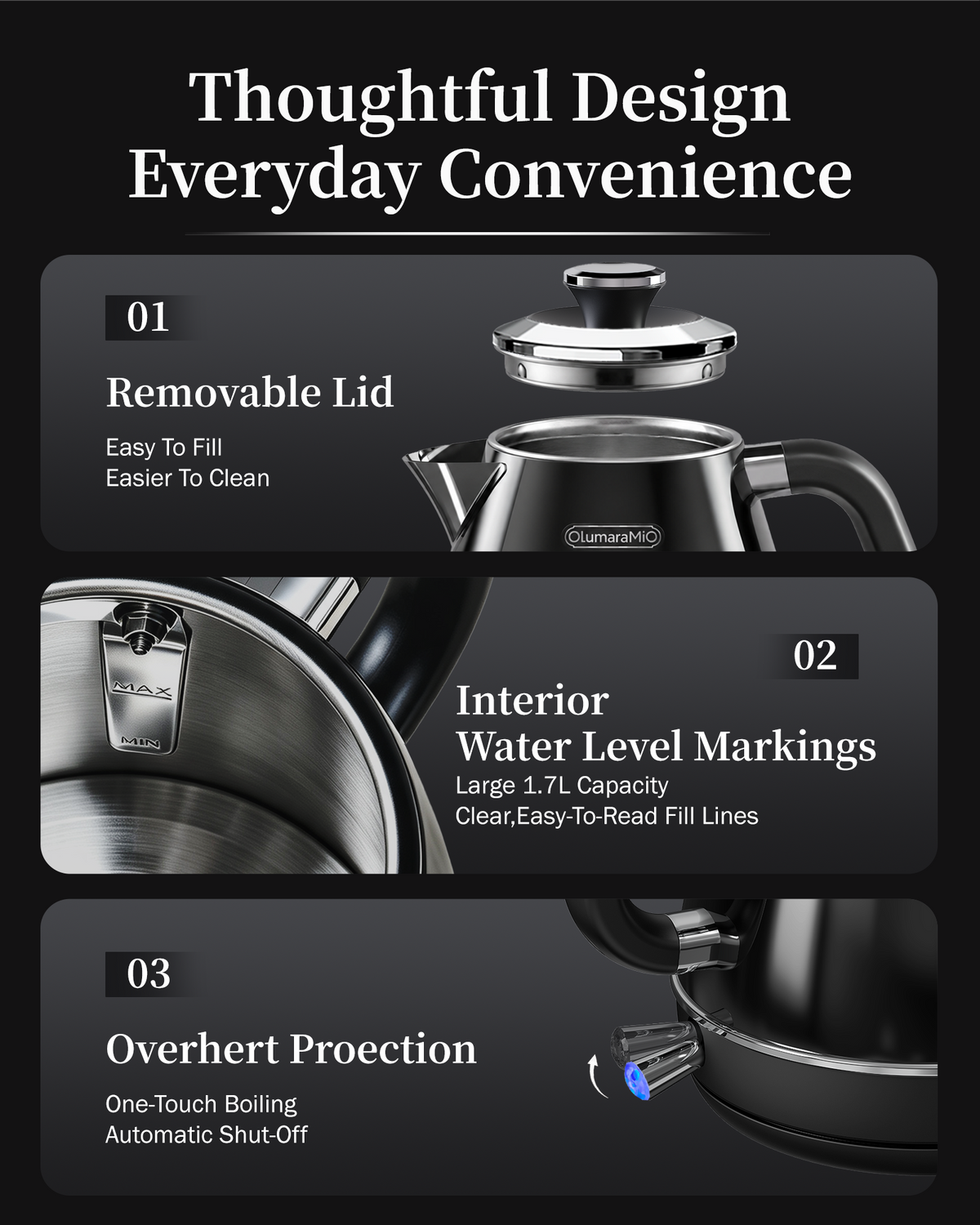 Olumaramio Retro Electric Kettle with Thermometer, 1.7L Stainless Steel Hot Water Tea Kettle, 1500W Fast Boiling, Auto Shut-Off & Boil Dry Protection, BPA Free, Black