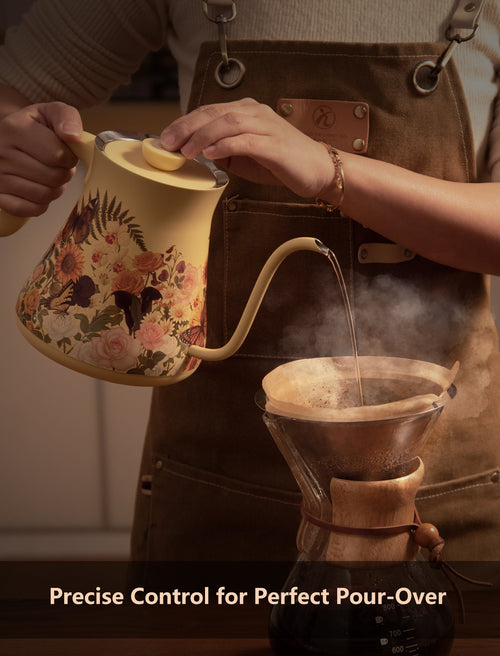 0.8L Gooseneck Electric Kettle with ±1℉ Temperature Control for Pour Over Coffee & Tea, 1200w Quick Heating, BPA-Free, Stainless Steel, Built-in Brew Timer, Floral